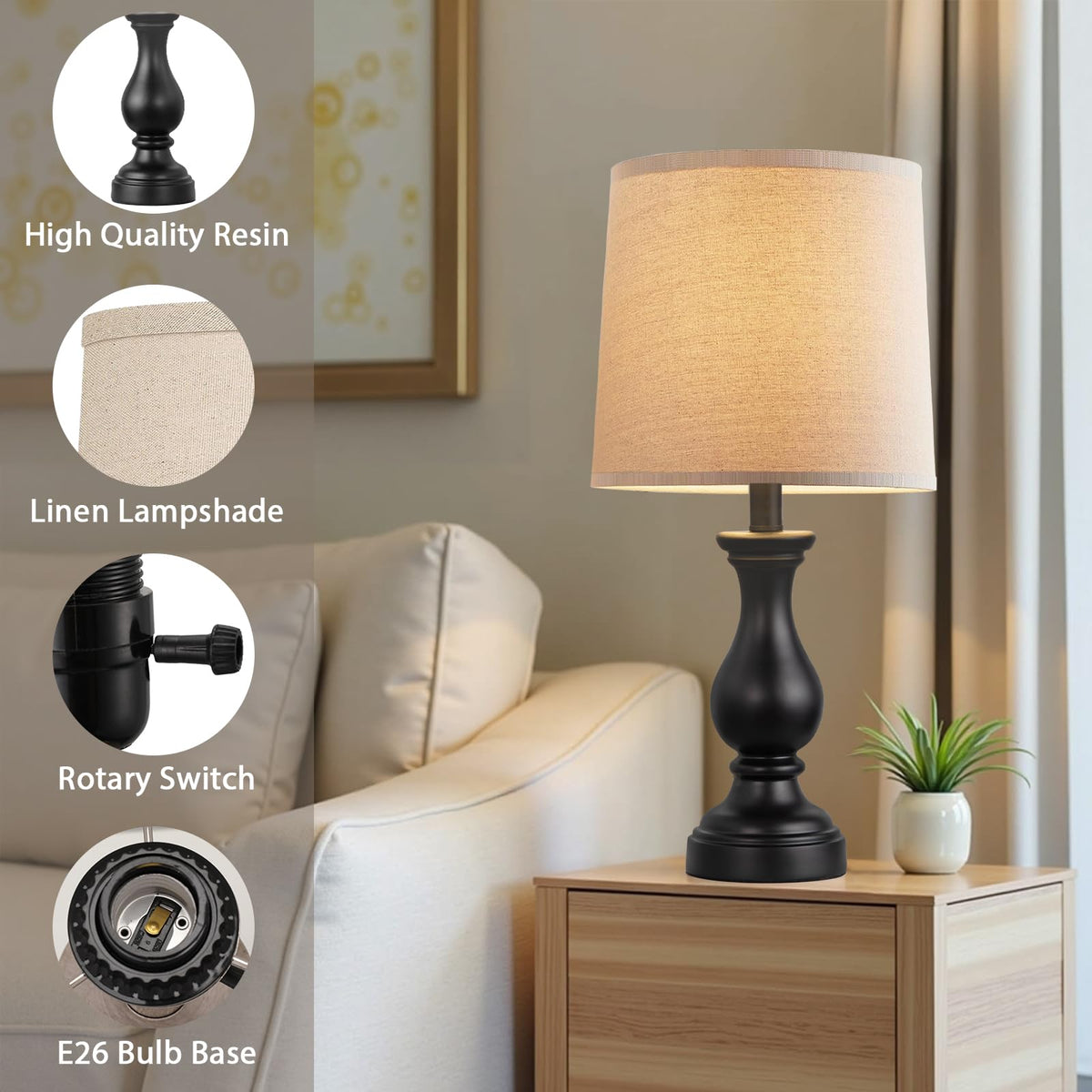 Seealle bedside lamps 22-inch height glow on nightstands for reading comfort