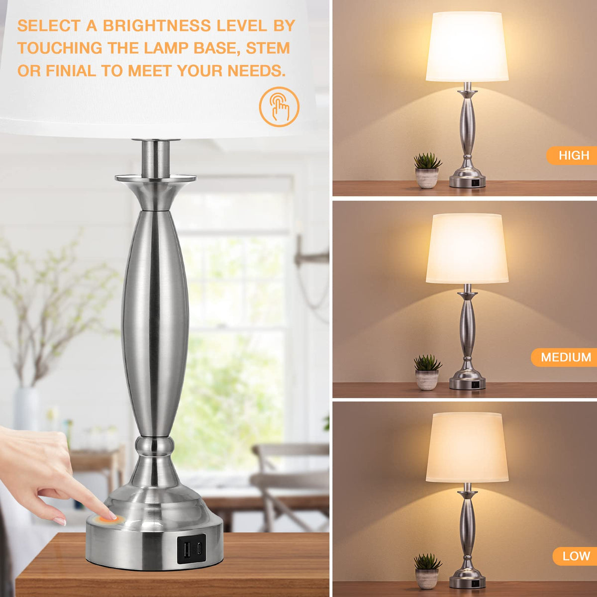 Seealle bedside lamps show USB-C and USB-A ports for convenient charging.