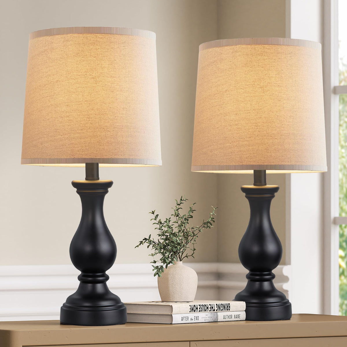 Seealle farmhouse table lamps with 22-inch base and linen shade for warm bedrooms