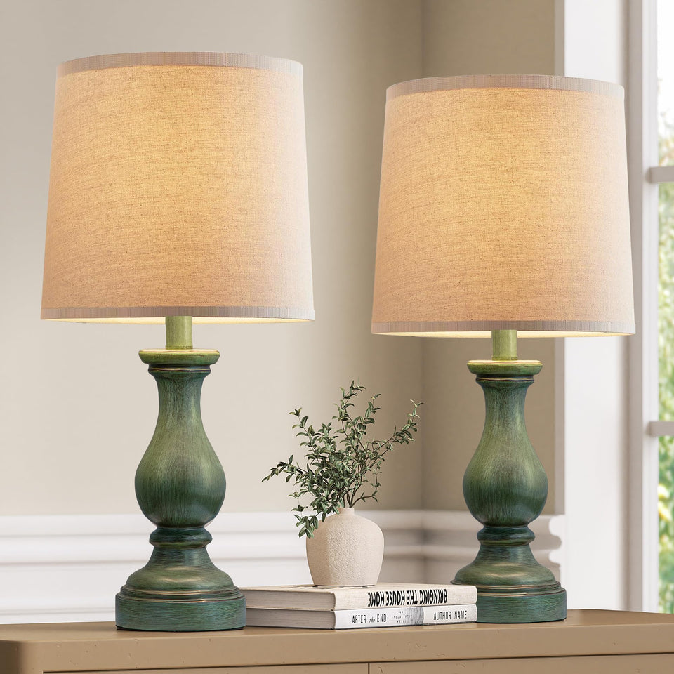 Seealle farmhouse table lamp in antique green adds cozy ambience to a living room