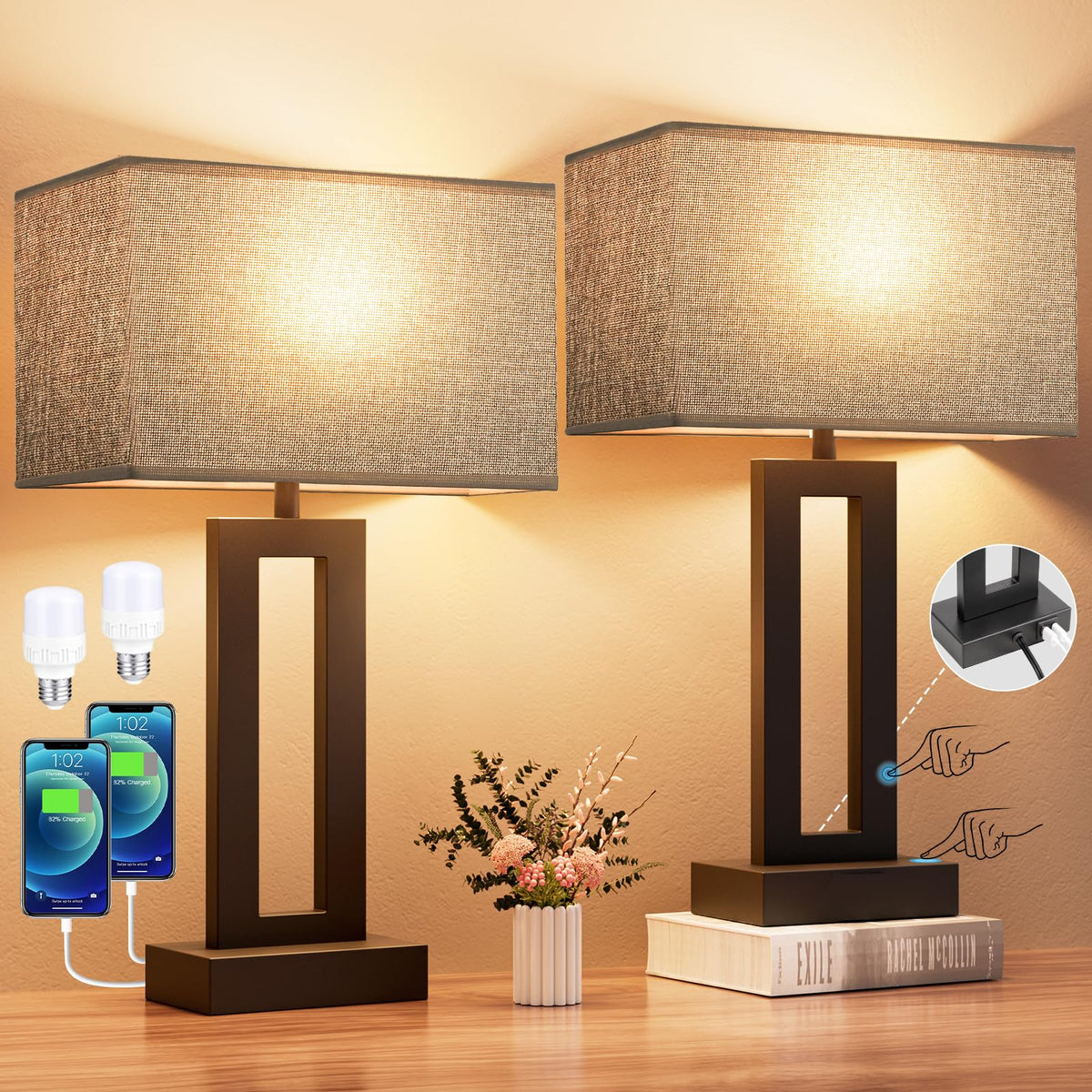 Seealle nightstand lamp set 2 with dimmable touch control for customizable mood