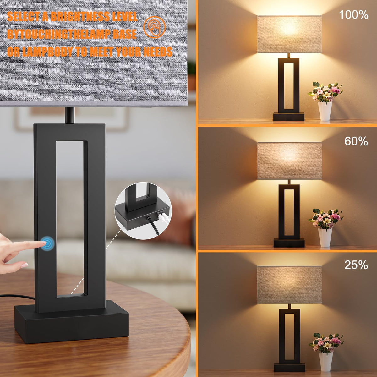 Seealle nightstand lamp showing USB-C and USB-A ports for convenient charging