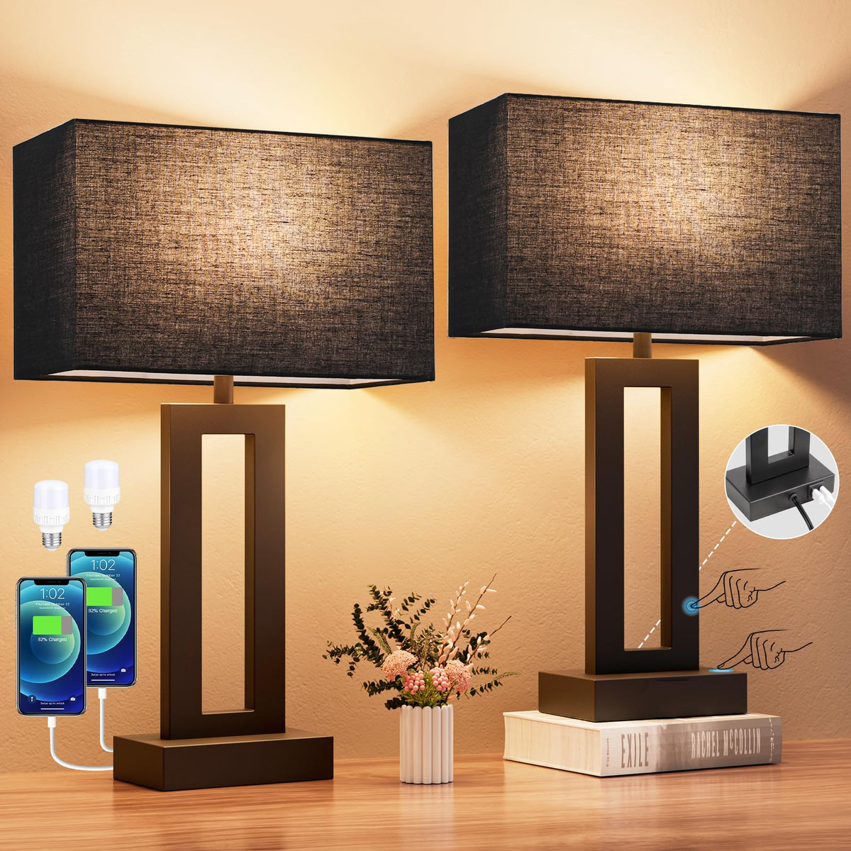 Seealle nightstand lamps set of 2 with black base and linen shade for bedside ambiance