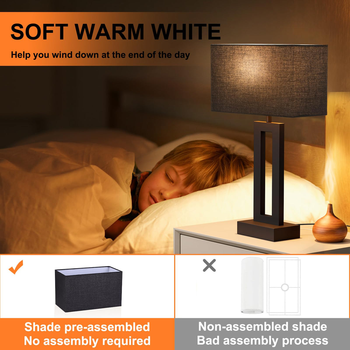 Seealle black metal base with linen shade suits modern bedroom decor