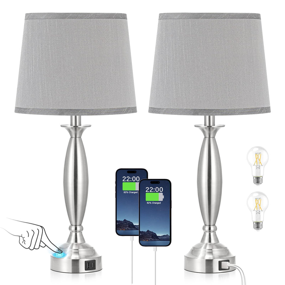 Seealle Touch bedside lamps base closeup in brushed nickel finish for a sleek modern nightstand.