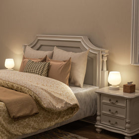 Seealle touch lamp with white glass shade disperses gentle light.