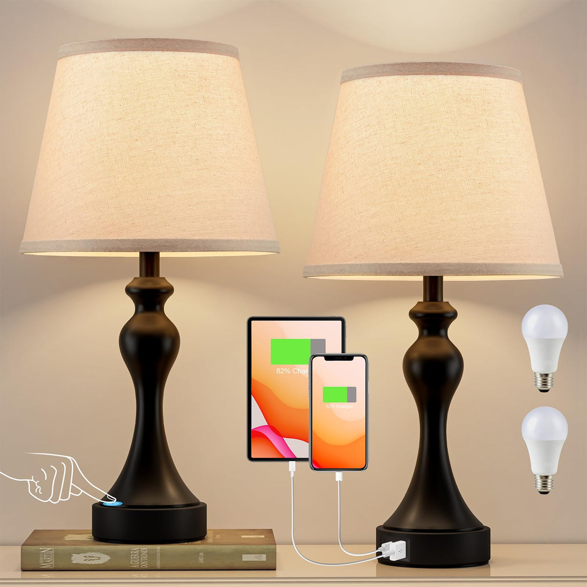 Seealle touch lamps nightstand base with easy reach and soft glow