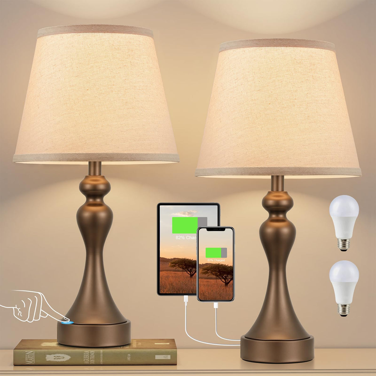 Seealle Touch Lamps nightstand set in brown-oat finish, great for reading in bed.