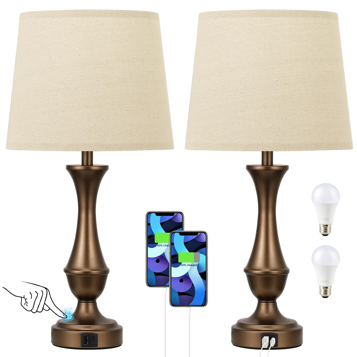 Seealle two bedside lamps in a bedroom setup on end tables