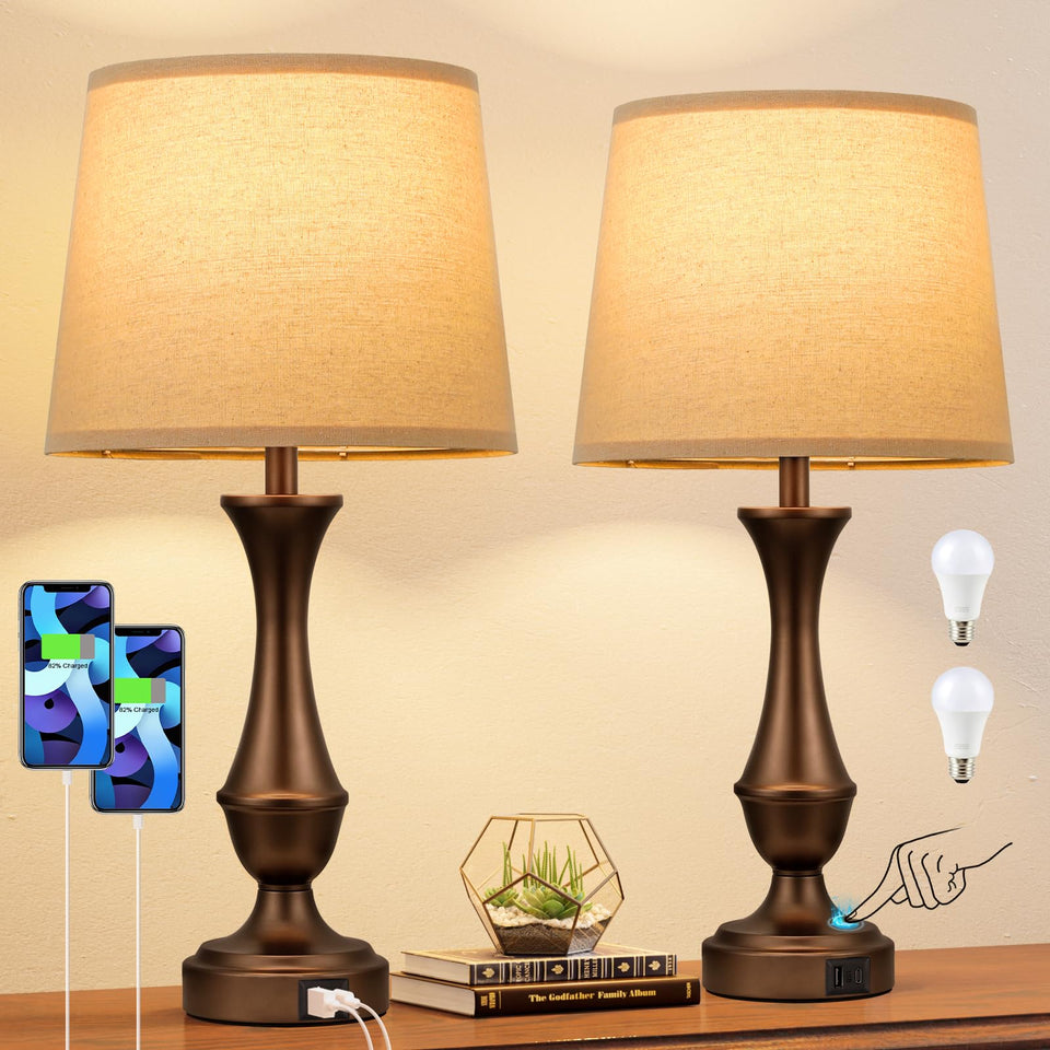Seealle upgraded touch lamp nightstand base and beige shade for warm ambience