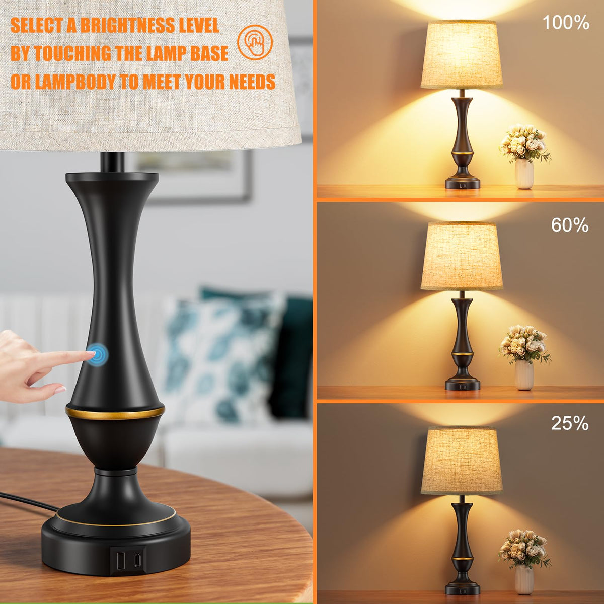 Seealle bedside lamp showing USB-C and USB-A ports for convenient charging.