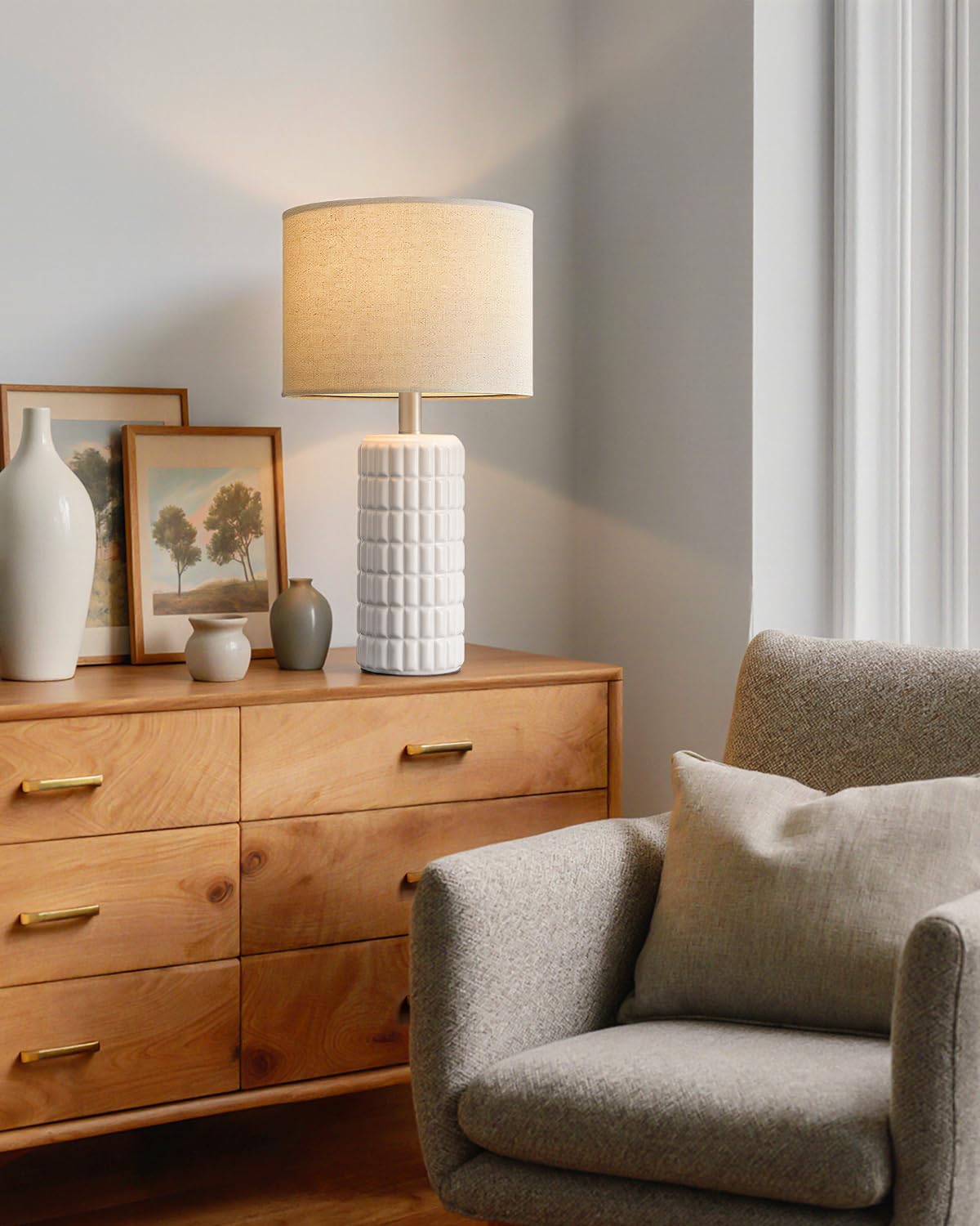 Seealle white boho lamp on living room end table creates warm glow