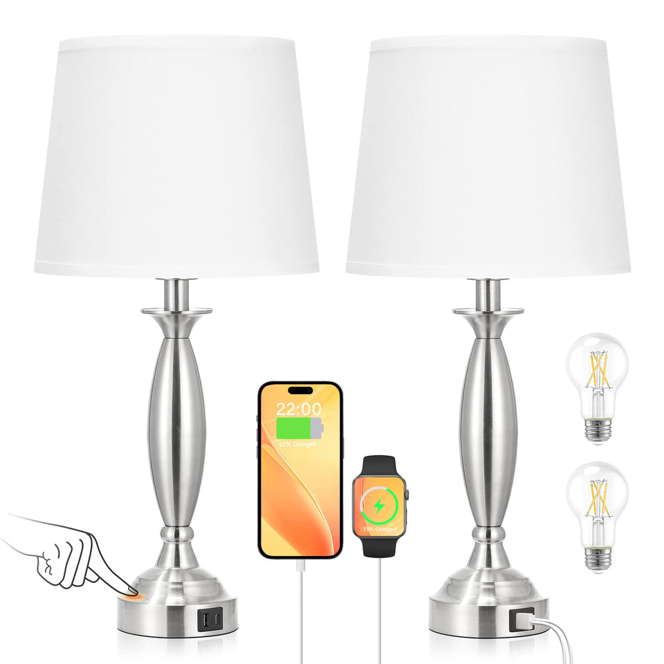 Seealle white bedside lamps with touch control for easy brightness adjustment.
