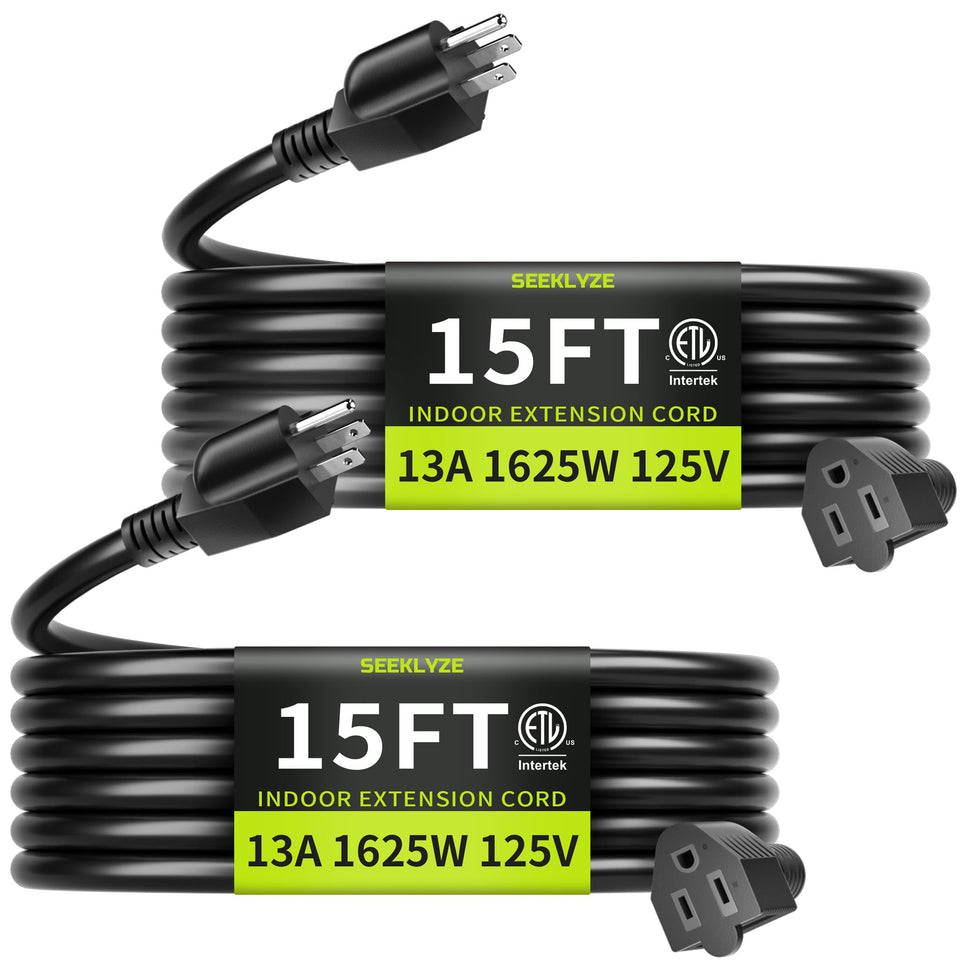 Seeklyze 16/3 black 15ft extension cord 2-pack for versatile indoor power needs.