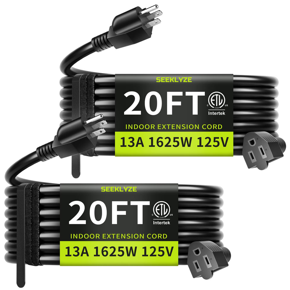 Seeklyze 16/3 black 20ft extension cord two-pack for flexible home office power