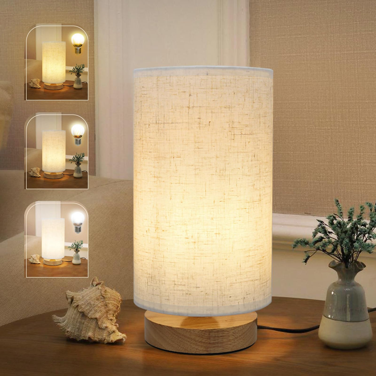 SEENSINY nightstand lamp with round linen shade offers a soft reading glow.