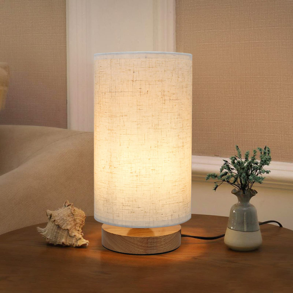 SEENSINY small bedside lamp with round linen shade for bedrooms