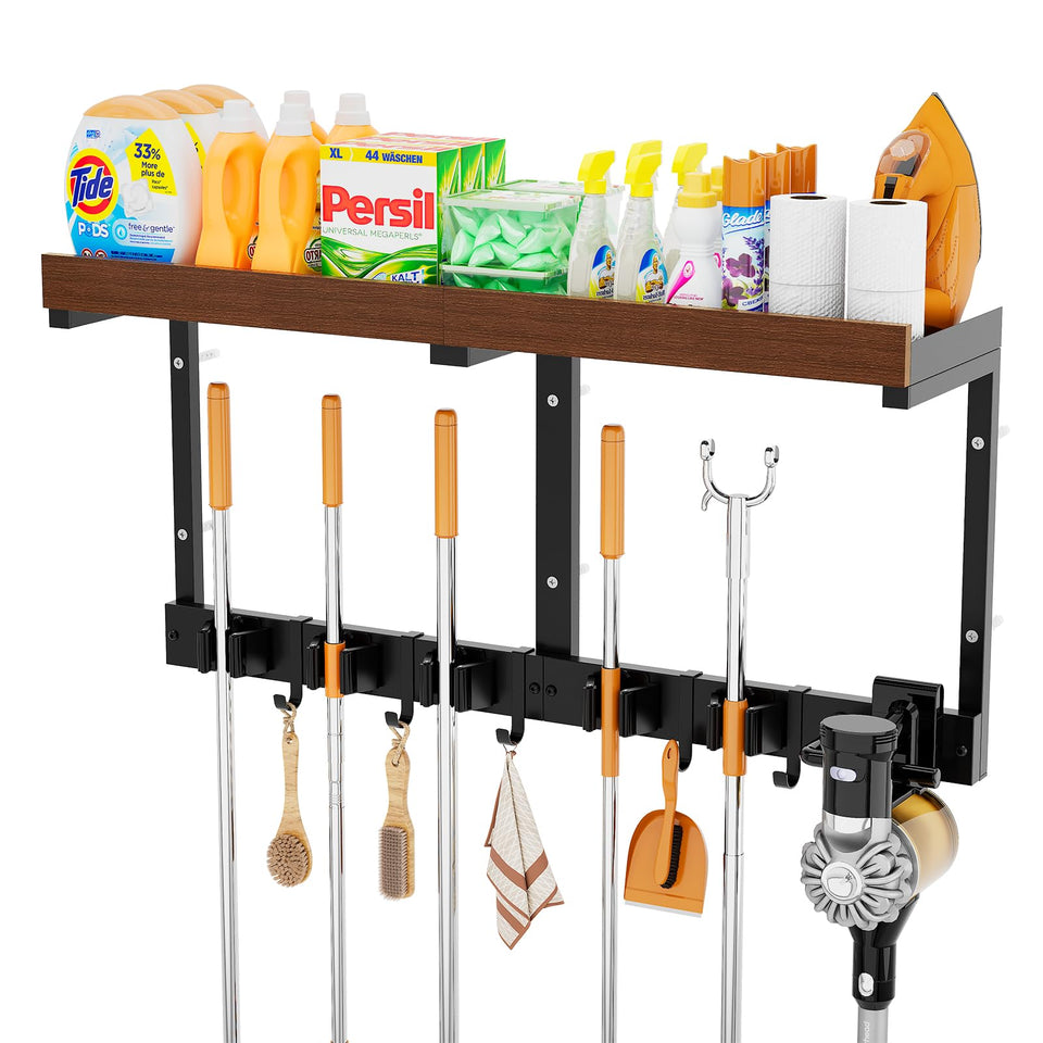SEENWUUN broom-holder wall mount closeup showing secure clamps for tools