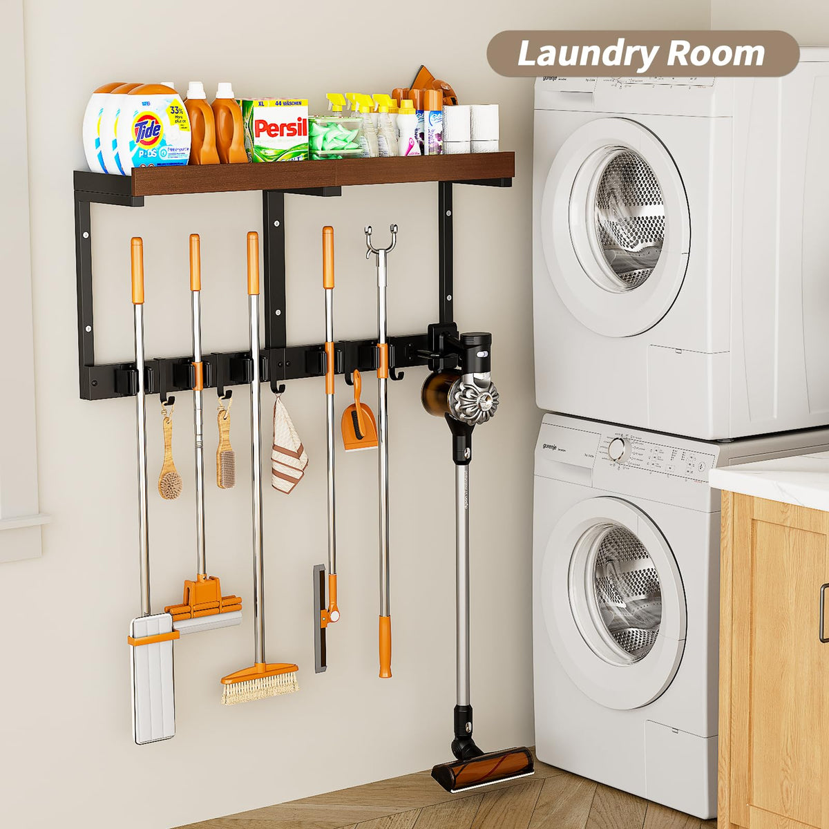 SEENWUUN broom-holder wall mount with hooks organizing dusters and brushes