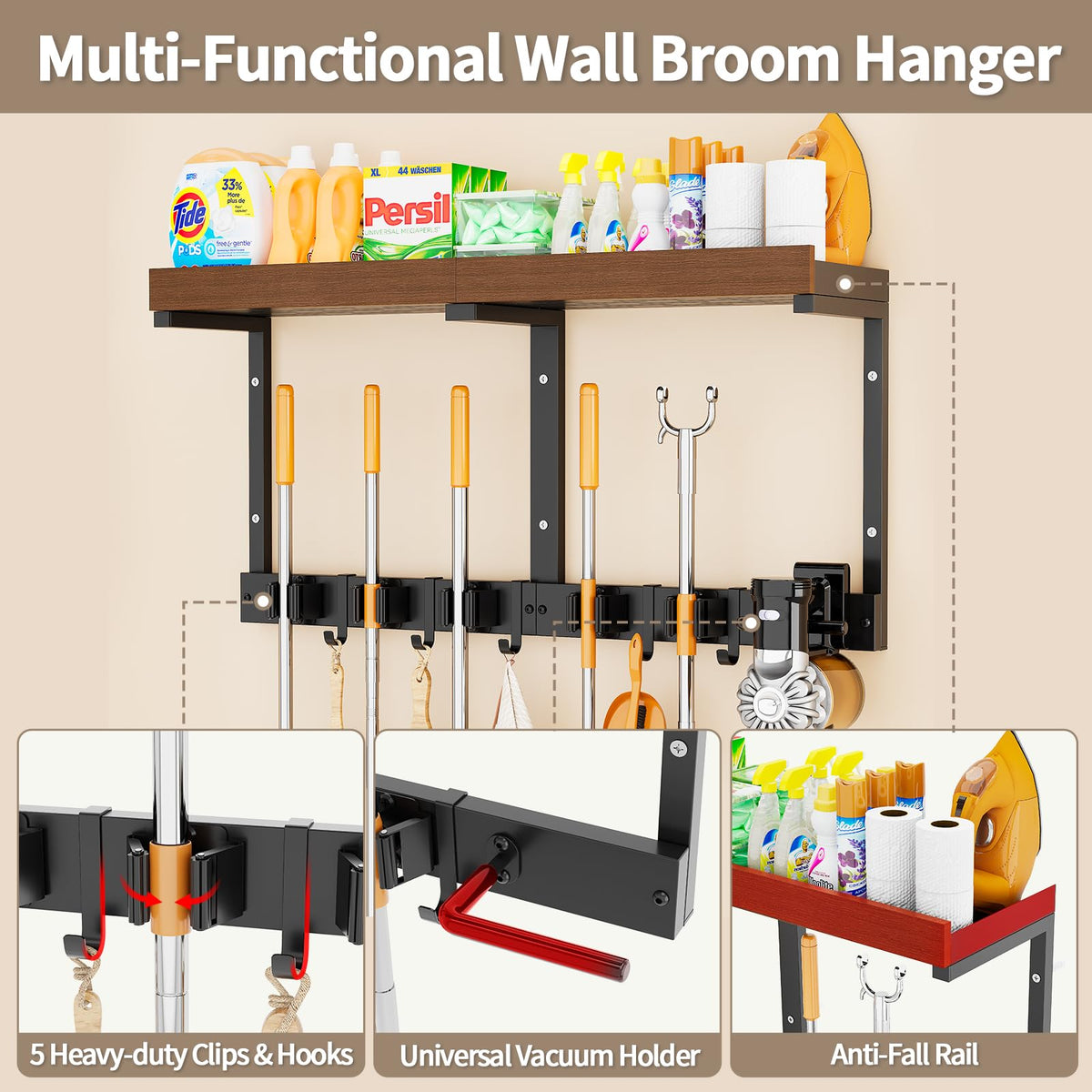 SEENWUUN broom-holder wall mount with shelf stores cleaning supplies above ground