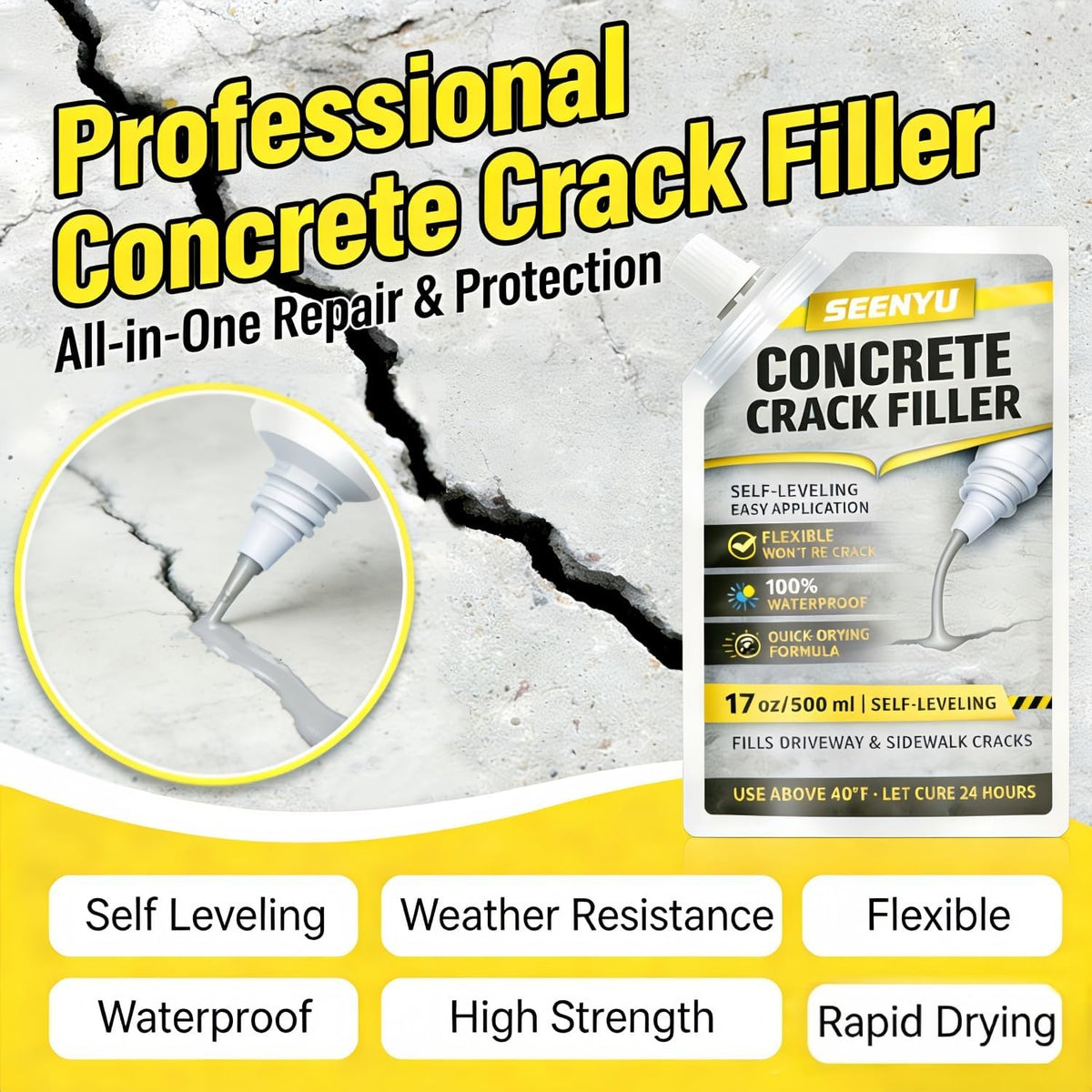 SEENYU self-leveling concrete sealant creates a professional finish on uneven cracks.