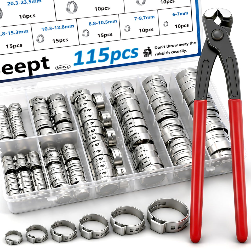 Seept 115pcs hose clamps kit showing 6-7mm size range for auto hoses