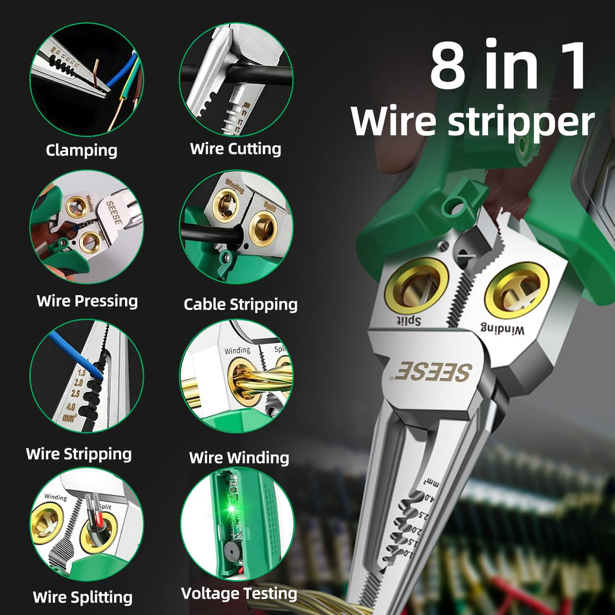 SEESE 8-in-1 wire stripper pliers in compact pocket design for on-site tasks