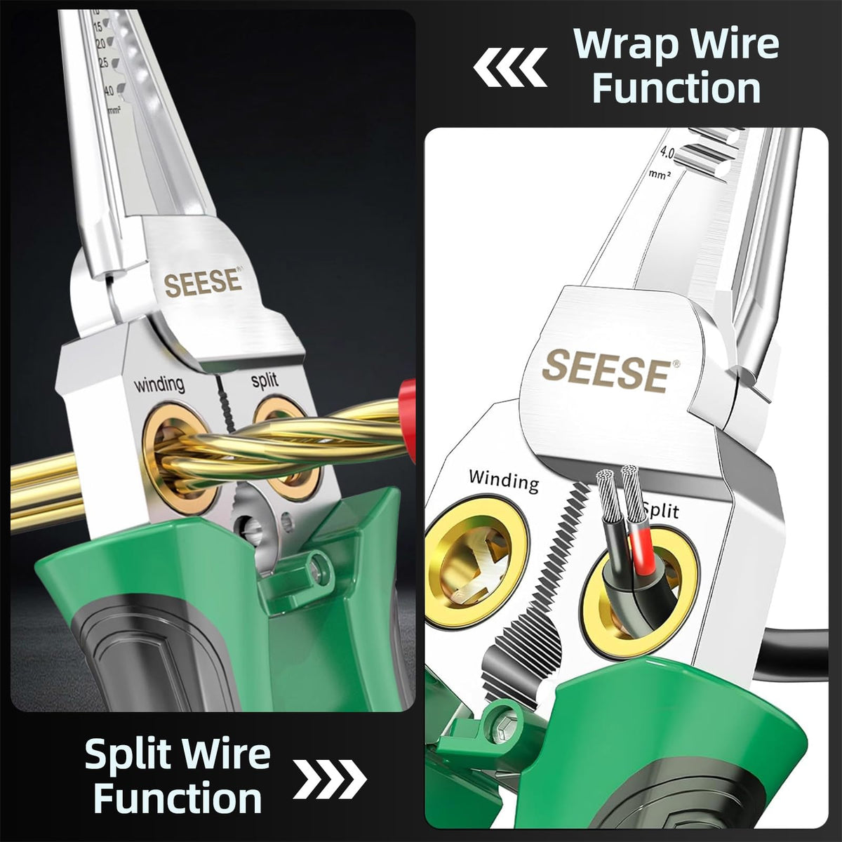 SEESE 8-in-1 wire stripper pliers featuring crimping jaws for reliable connections