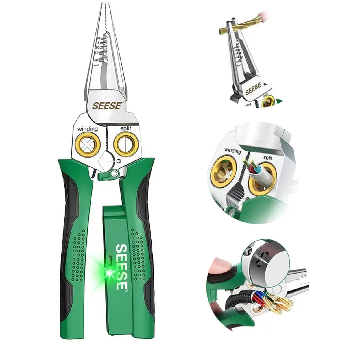 SEESE 8-in-1 wire stripper pliers showing ergonomic grip for precise stripping