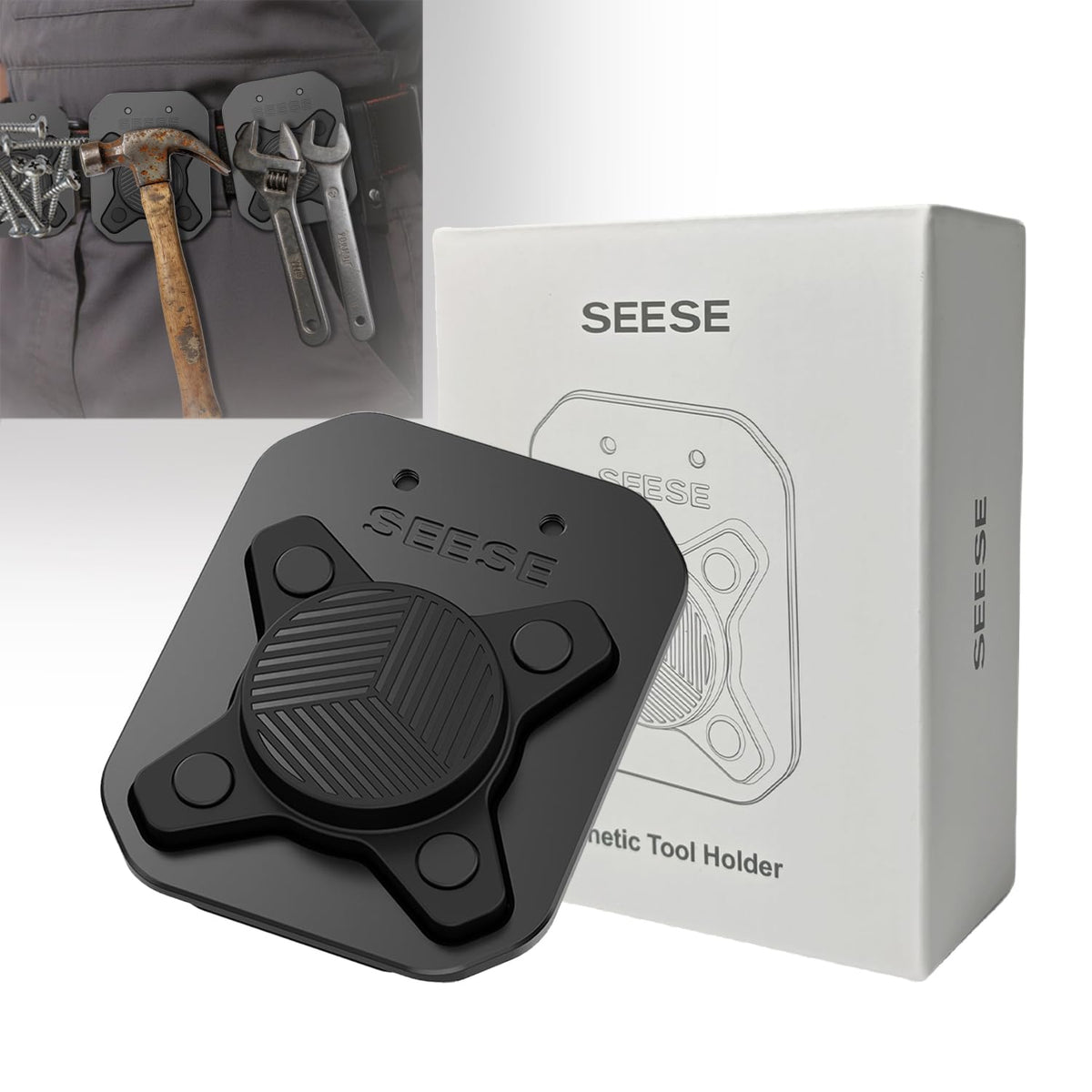 SEESE strong magnetic tool holder belt clip securing tools on a belt