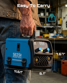 SEESII 135A MIG Welder 110V outlet image suitable for home garages and portable work.