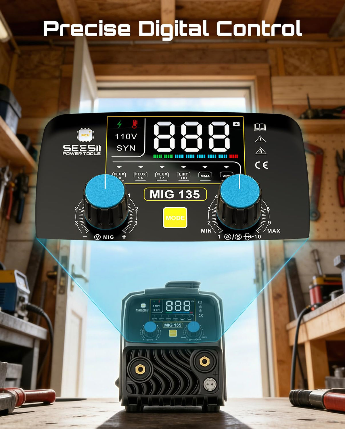 SEESII 135A MIG Welder digital display for quick, precise settings.