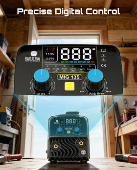 SEESII 135A MIG Welder digital display for quick, precise settings.