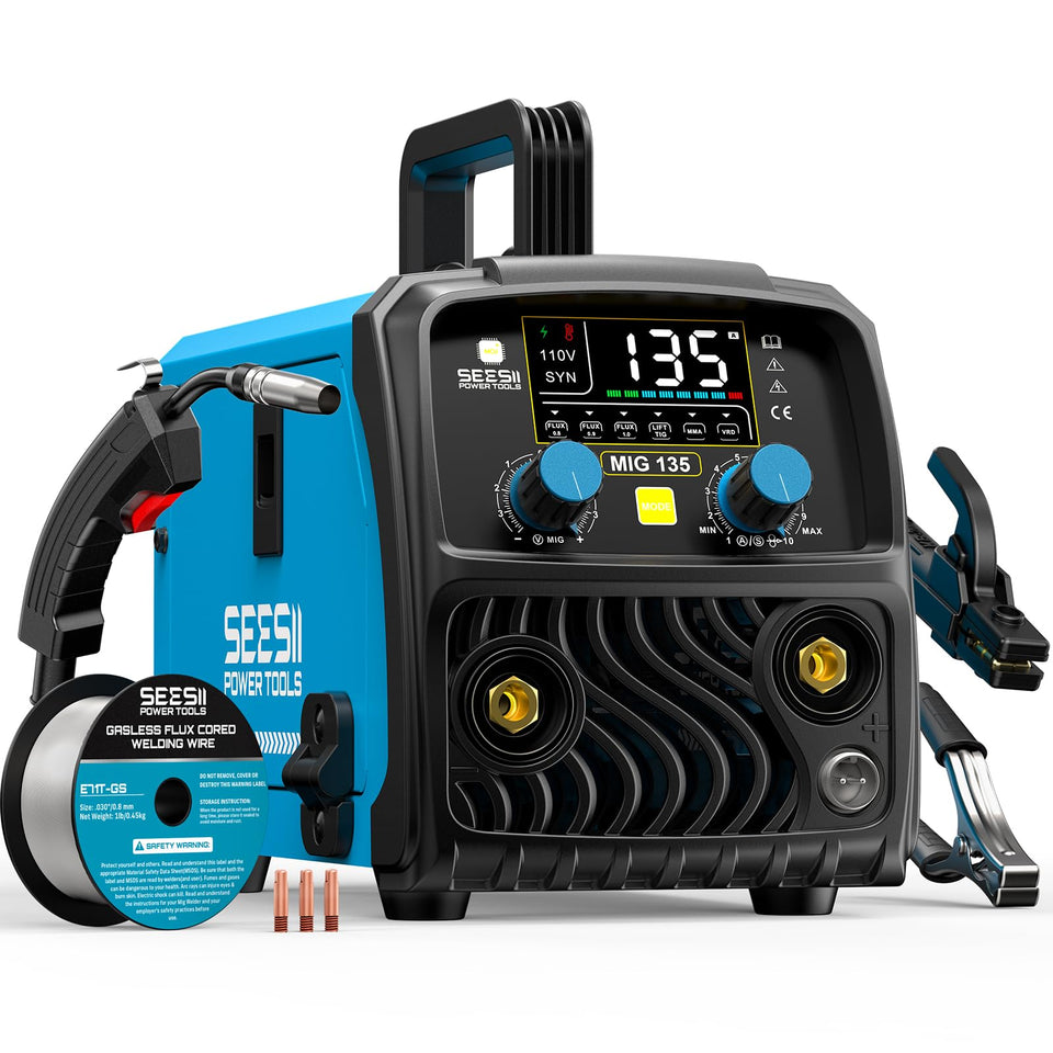 SEESII 135A MIG Welder front view showing compact portability for DIY projects.