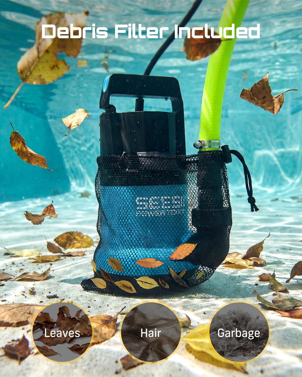 SEESII 1HP pump includes 23ft hose kit for flexible connections.