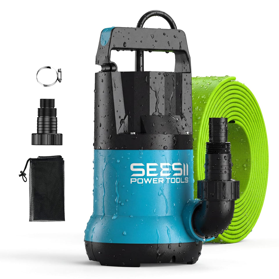 SEESII 1HP submersible pump with hose kit for quick water removal.