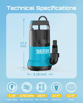 SEESII 1HP pump drains pools and hot tubs efficiently.