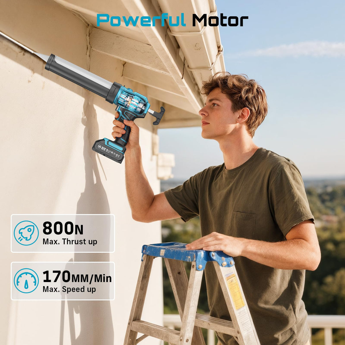 SEESII 21V battery-powered caulk gun with dual batteries for longer projects.