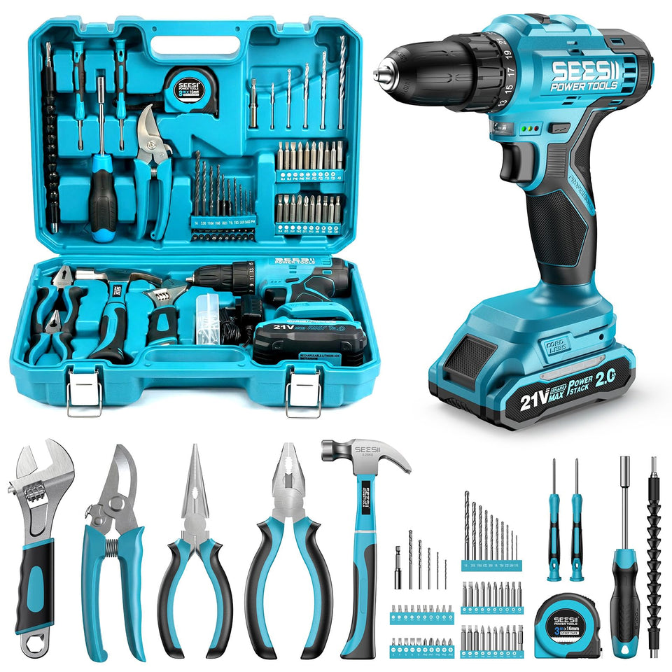 Seesii 21V cordless drill kit shown for home DIY projects with versatile drilling.