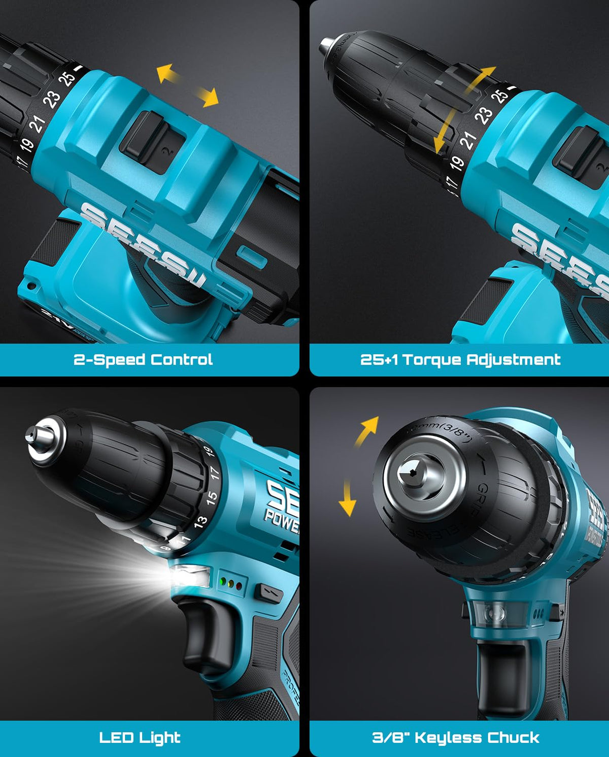 Seesii 38-inch chuck enables quick, one-handed bit changes.