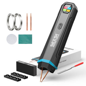 SEESII battery spot welder visual display shows live weld status and battery level.