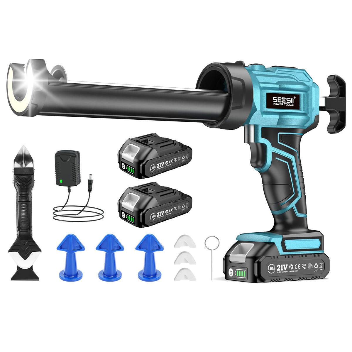 SEESII cordless caulk gun front view for precise sealing.