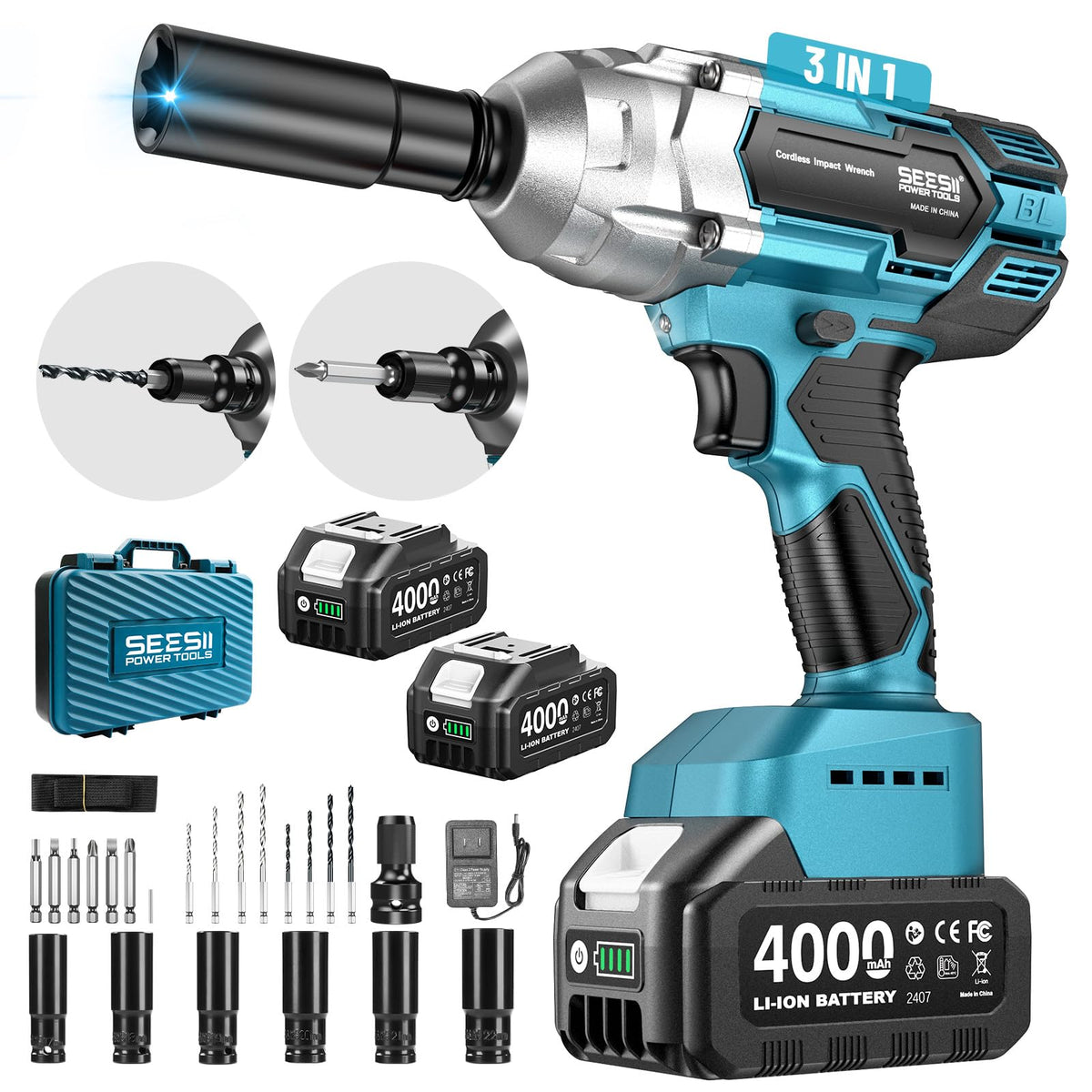 Seesii cordless impact wrench with 1/2-inch drive, ideal for car maintenance and tire changes