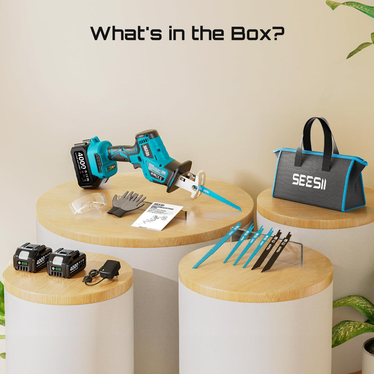 Seesii Cordless Reciprocating Saw with Storage Box and kit.