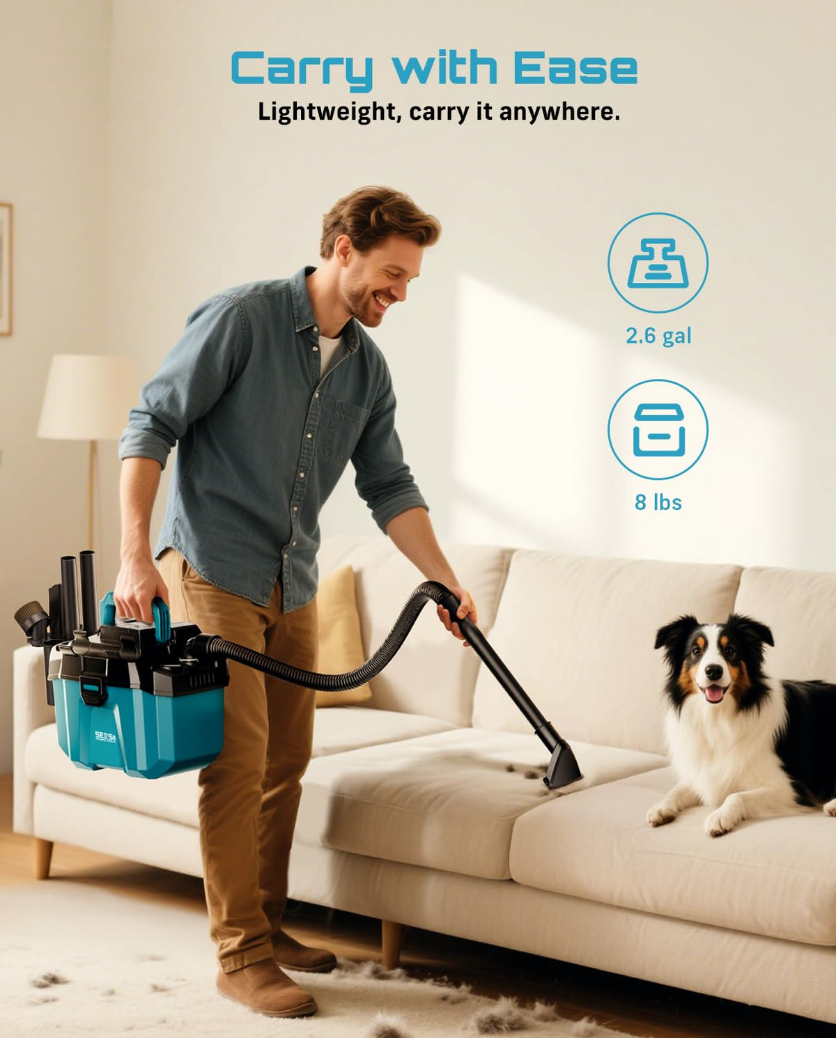 Seesii Cordless Shop Vac shoulder strap enables hands-free transport