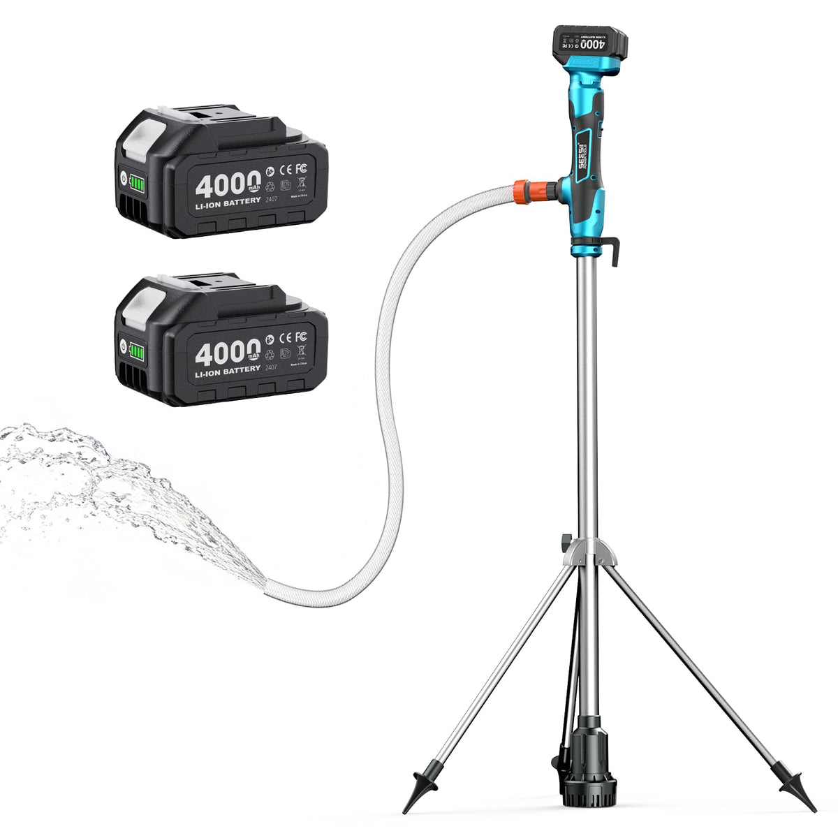 Seesii cordless stick pump with tripod stabilizes setup for hands-free draining.