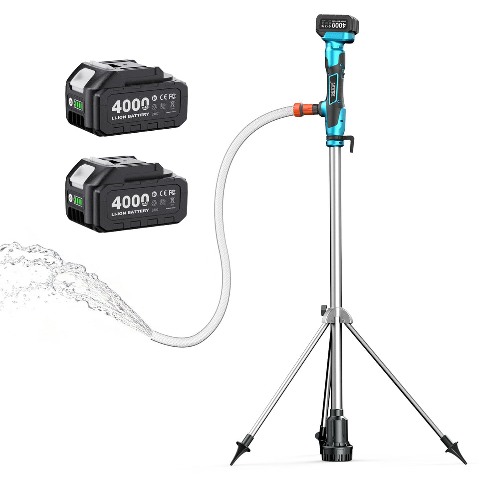Seesii cordless stick pump with tripod stabilizes setup for hands-free draining.
