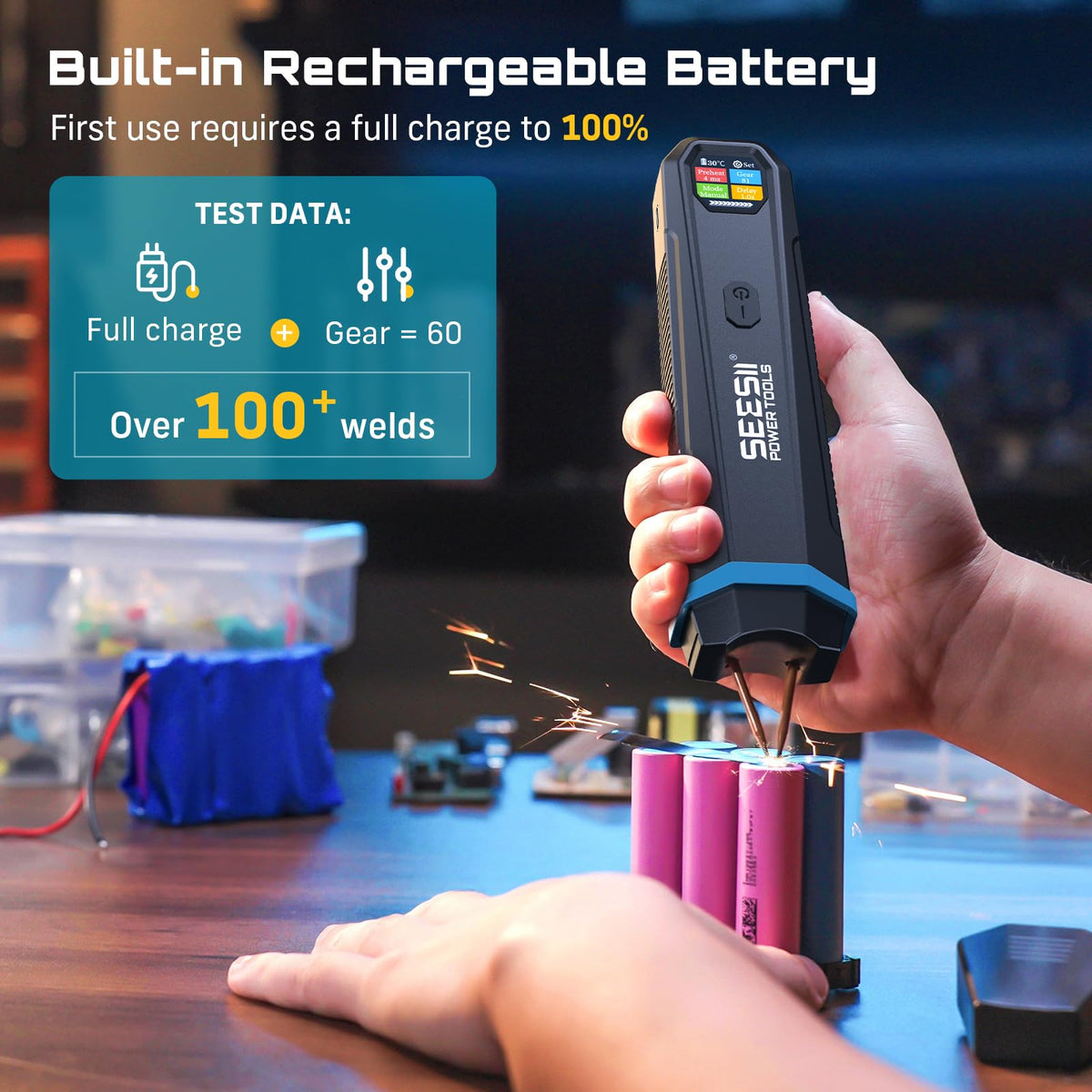 SEESII portable spot welder copper tips enable precise welding on thin nickel sheets.