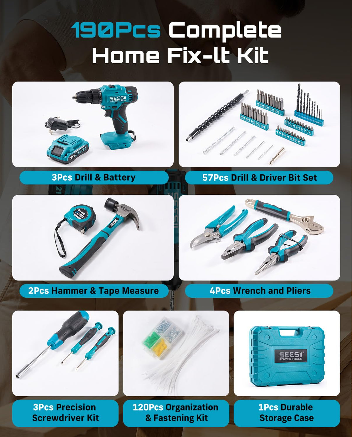 Seesii toolbox keeps the 190-piece set organized for easy transport.