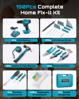 Seesii toolbox keeps the 190-piece set organized for easy transport.